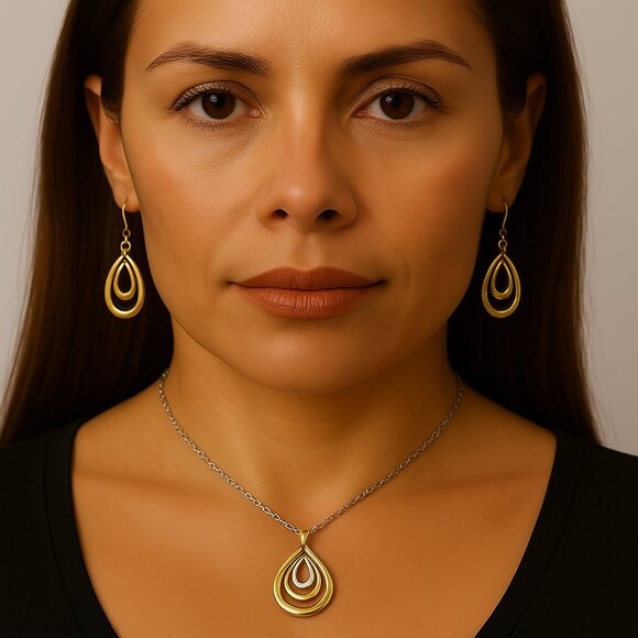 Dual-Tone Teardrop Pendant Necklace & Earrings Set – Women's Fashion Jewelry - Picture 1 of 7